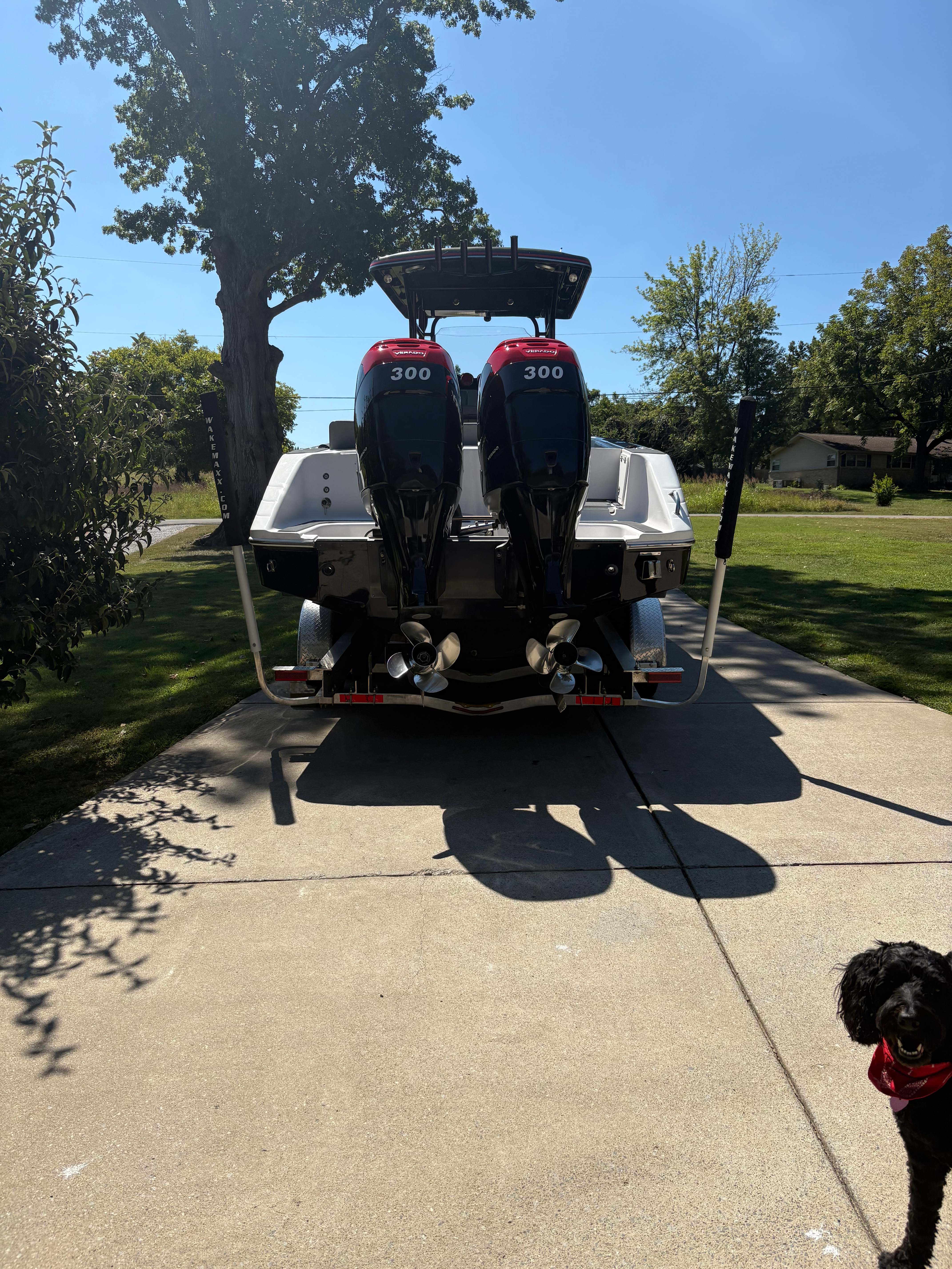 Twin Mercury Verado 300 outboard engines, rear view with stainless props