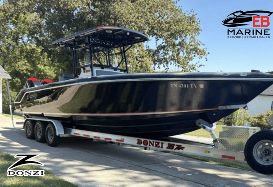2012 Donzi 35 ZX on Phoenix trailer, full starboard profile