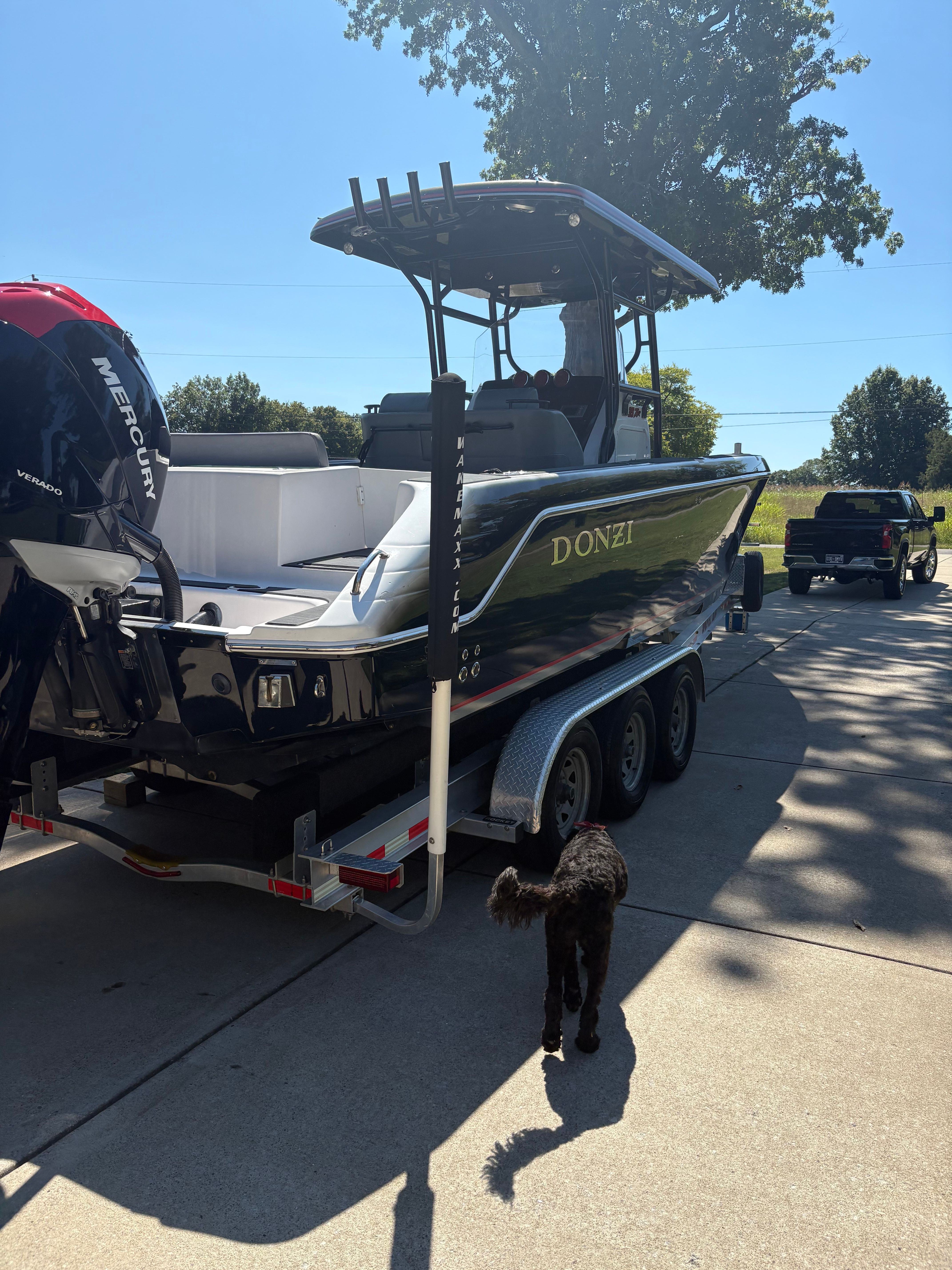 Donzi 35 ZX stern quarter view showing engines and transom on trailer