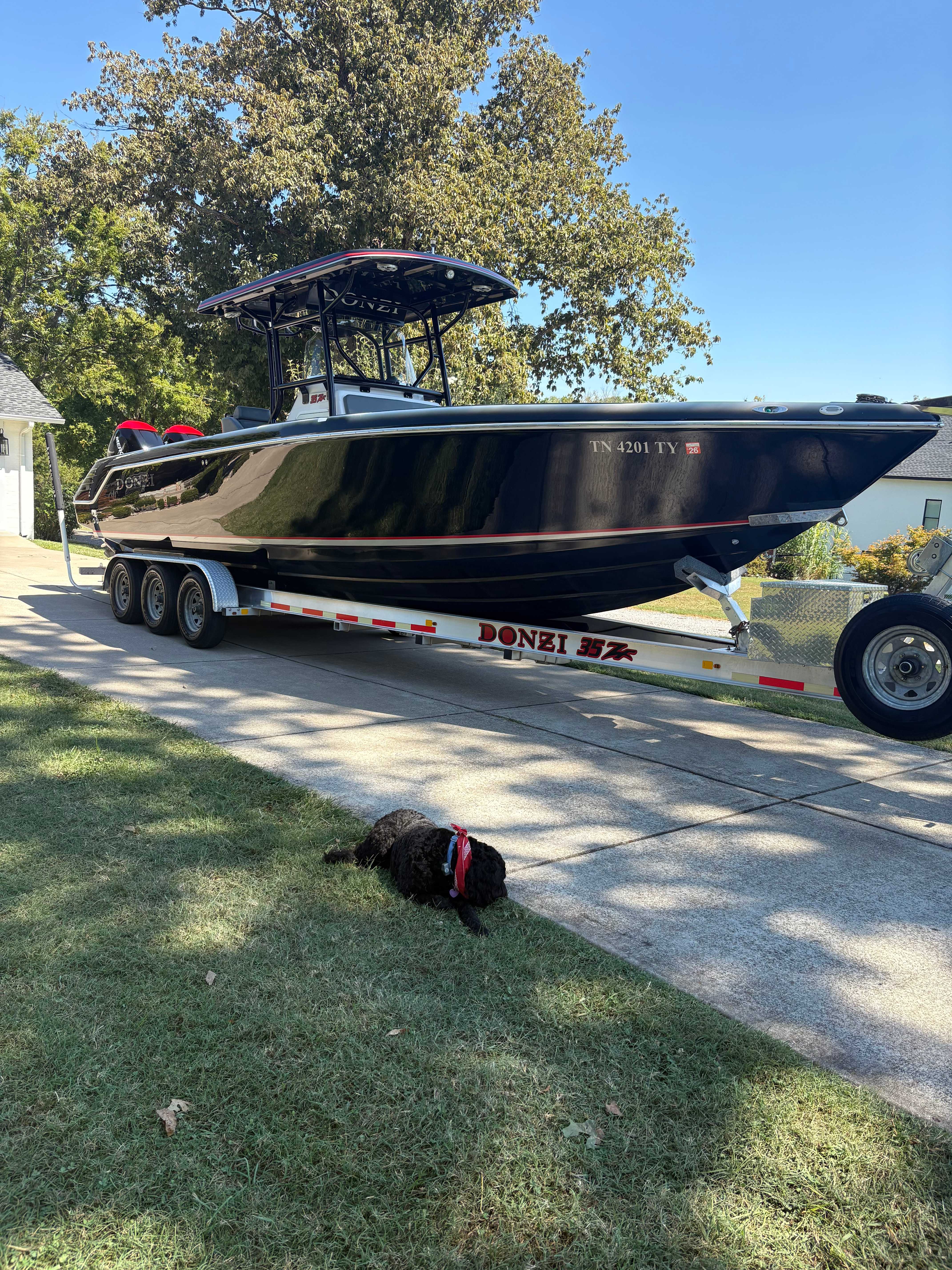 Donzi 35 ZX on Phoenix trailer showing full hull profile